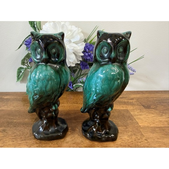 Vintage Blue Mountain Pottery Owls Canadian Art Pottery Green Drip Glaze Pair - Picture 3 of 8